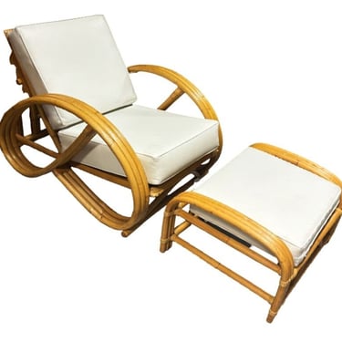 Restored 3-Strand 3/4 Pretzel Rattan Adjustable Reclining Lounge Chair w/ Ottoman 