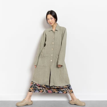 FLAX LINEN JACKET Vintage Coat Button Up Light Green Trench 90's Oversize Fall Spring / Small 