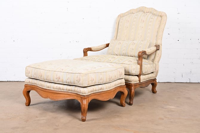 Baker Furniture French Provincial Louis XV Oversized Fauteuil and Ottoman