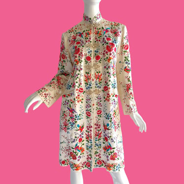 Antique Chinese Silk Embroidered Jacket, 40s Vintage Birds Flowers Pristine Medium 