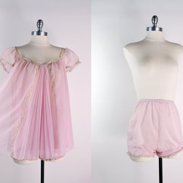 60s Pink Vanity Fair Lingerie Set /Pink Pleated Babydoll / Vintage Bloomers / 