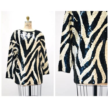 80s 90s Vintage Metallic Sequin Beaded Shirt Top Zebra Striped Black White Large // Vintage Black White Stripe Sequin Shirt Top Large 