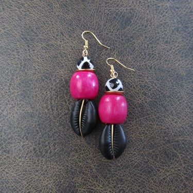 Cowrie shell earrings, black and pink earrings 