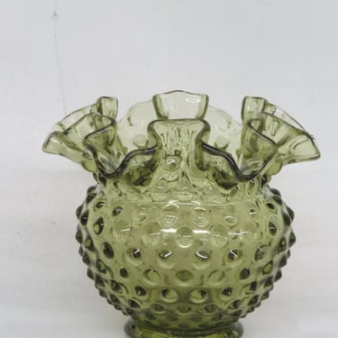 Fenton Hobnail Colonial Green Glass Ruffled Rim Rose Bowl Vase 3853B