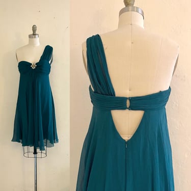 vintage nicole miller teal silk dress one shoulder rhinestone gauzy NWT 