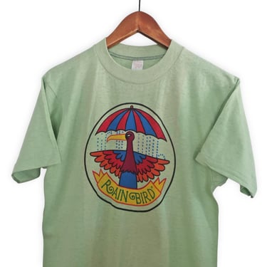 vintage t shirt / 70s t shirt / 1970s deadstock Rain Bird umbrella hippie graphic green cotton t shirt Small 