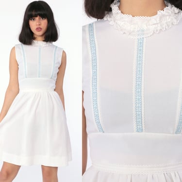 White Babydoll Dress 70s Mini Lace Collar Bohemian Mod Sleeveless Dolly Lolita Empire Waist 1970s Vintage Boho MiniDress Extra Small xs xxs 