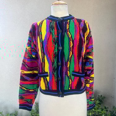 Vintage Coogi 3D knit cardigan sweater multicolor mercerized cotton Small. 