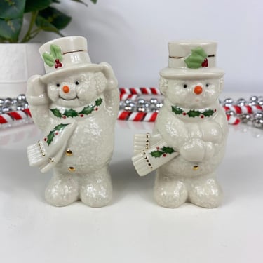 Vintage Lenox Happy Holly Days Snowman Salt & Pepper Shakers, Festive Table Decor, Vintage Christmas Decor, Vintage Salt and Pepper Shakers 