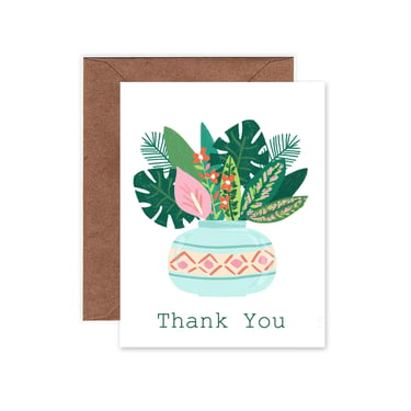 Tropical Plants in Vase Thank You Card/ 4.25" X 5.5" Botanical Notecard/ Jungle Greeting Card/ Houseplant Stationery Single Card or Set of 8 