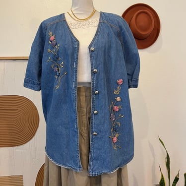 Vintage 90s Cotton Denim Embellished Floral Button Front Short Sleeve Shirt - L 