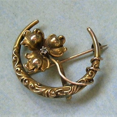 Antique 14K Gold Victorian Brooch Pin With Diamond, Antique Honeymoon Pin, 14K Gold Brooch (#4079)) 