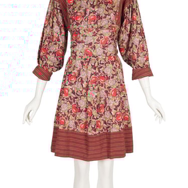 Anastasia Paris 1980s Apple Print Burgundy Cotton Vintage Belted Dress Sz S 