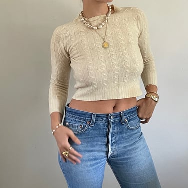 60s cashmere cropped sweater / vintage ivory white cashmere cropped cable knit crewneck sweater Scotland | XS Small 