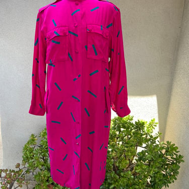 Vintage preppy silk shirt dress raspberry pink green design pockets button front Sz 12 