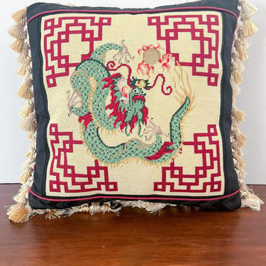 Extra Large Chinoiserie Dragon Needlepoint Decorative Pillow with Tassels 
