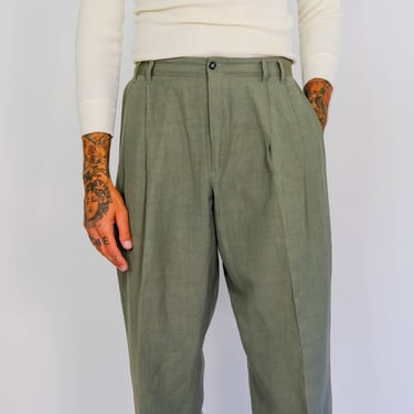 Vintage 80s BYBLOS Sage Green Silk & Linen Triple Pleated Tapered Leg Slacks | Made in Italy | Relaxed Fit | 1980s Italian Designer Pants 