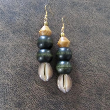 Bold chunky cowrie shell and wooden earrings 