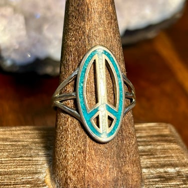 Vintage Turquoise Chip Peace Sign Ring Retro Jewelry 1960s 1970s Silver Anti War Symbol 