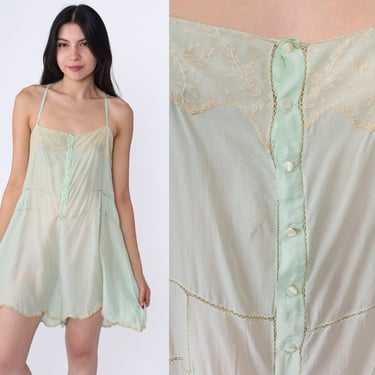 1940s Silk Step In Chemise WWII Lingerie Romper Pastel Mint Green 40s Lace One Piece Button Up Cutout Cutwork Spaghetti Strap Vintage Medium 