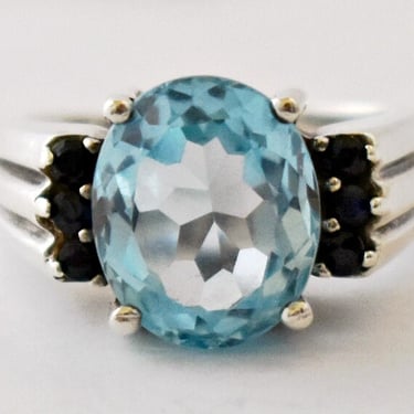 Vintage David Sigal topaz sapphire sterling size 7.75 statement, modern blue gemstones & 925 silver ring 