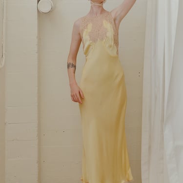1930s canary yellow silk lace nightgown Art Deco antique 