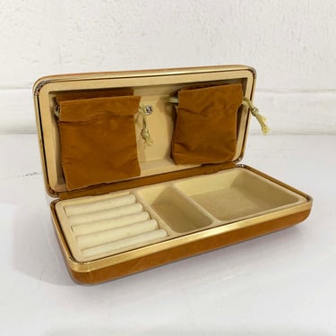 Vintage Travel Jewelry Box Velvet Earring Ring Case Camel Tan Hard Clamshell Retro Vanity Storage 1970s 70s 