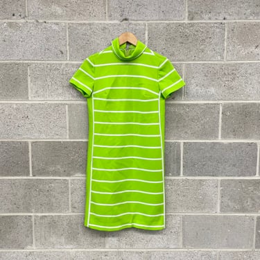 Vintage Dress Retro 1960s Domani Knit + Lime Green + Stripes + Mod + A-Line + Sporty + Shift Dress + Mock Neck + Womens Apparel 