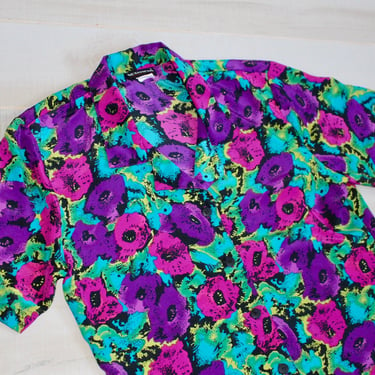 Vintage 80s Abstract Floral Blouse, 1980s Bright & Colorful Novelty Print Top, Collared Shirt, Button Down, Hipster, Stranger Things 