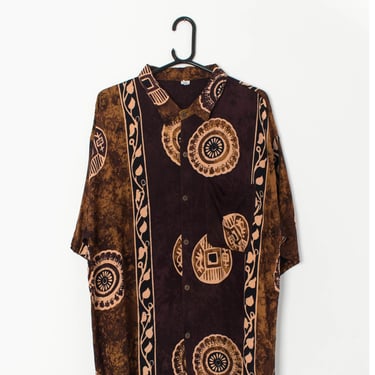 Vintage Hawaiian batik shirt, perfect festival vibe with dark purple, brown and yellow tribal design - XL 