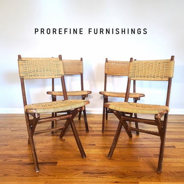 Mid Century Set of Four Folding Wood and Rope Chairs 