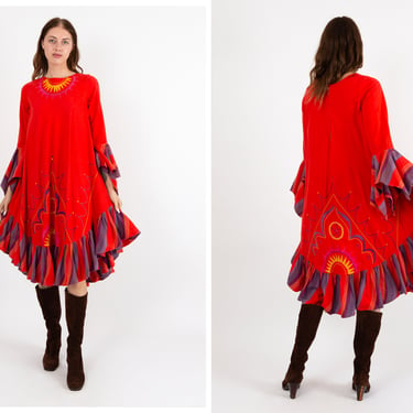 Vintage 1970s 70s Josefa Ibarra Hippy Boho Designer Midi Dress w/ Angel Sleeves, Sun God Embroider Print -Documented in Museo de Arte Popula 