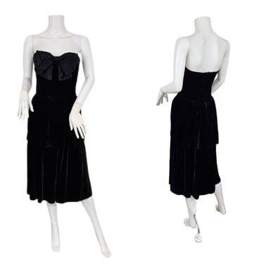 1980's Strapless Black Rayon Velvet Dress I Sz Med I Katie I Gothic 