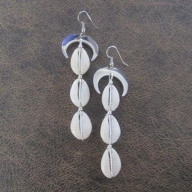 Long cowrie shell and silver unique modern dangle earrings 