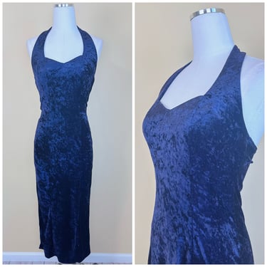 1990s Vintage Blue All That Jazz Crushed Velvet Bombshell Dress. 90s Halter Sweetheart Side Slit Evening Gown / Size Medium-Large 