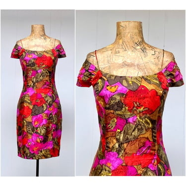 Vintage 1990s Silk Floral Cold Shoulder Princess Seam Wiggle Dress by Gillian, Size 8 