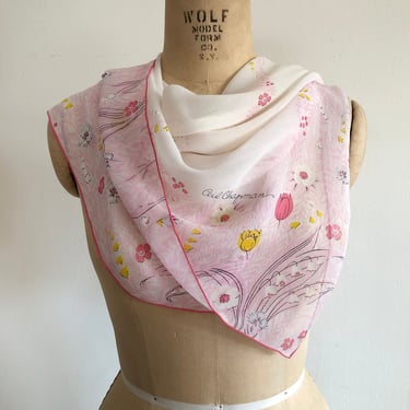 Pink and Yellow Floral Print Silk Chiffon Scarf by Ceil Chapman - 1950s 
