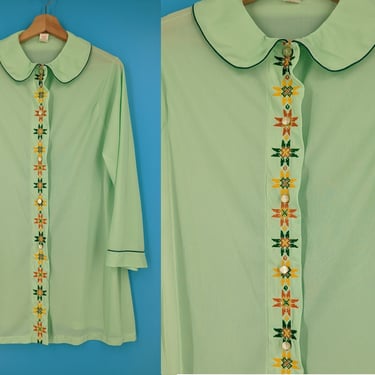 Vintage Sixties Sears Green Nylon Women's Medium Embroidered Button Down Long Sleeve Sleep Shirt 