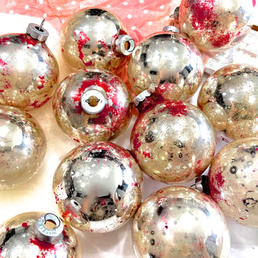 VINTAGE: 12pcs - Old Glass Silver Ornaments - Holiday Ornaments - Distressed Aged Christmas - SKU 00034997 