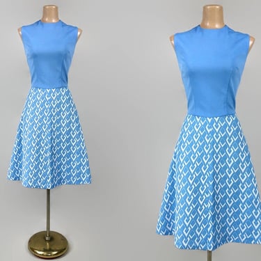 VINTAGE 60s 70s Sky Blue Geometric Patterned Mini Dress | 1970s MOD Mid Century Modern Scooter Dress | VFG 