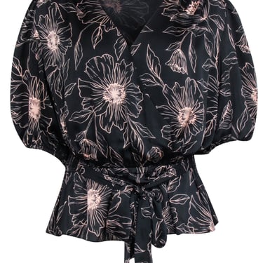 Joie - Black w/ Blush Floral Print Crop Sleeve Wrap Top Sz L