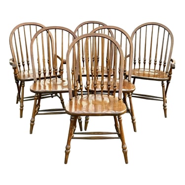 Vintage Bowback Solid Oak Windsor Chairs - Set of 6 