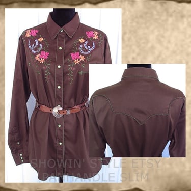 Panhandle Slim Vintage Retro Women's Cowgirl Blouse Rodeo Queen Shirt Rockabilly Embroidered Horseshoes & Flowers Large (see meas. photo) 