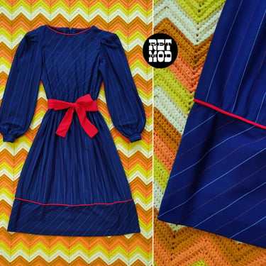 Cute Vintage 70s 80s Navy Blue with Red Pinstripes Fit & Flare Day Dress with Red Sash 