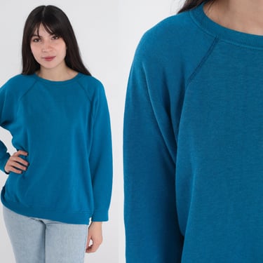 Blue Crewneck Sweatshirt 80s Sweatshirt Raglan Sleeve Sweater Retro Basic Plain Long Sleeve Slouchy Pullover 1980s Vintage Sweat Shirt Large 