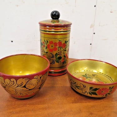 Vintage Russian Folk Art Hand Painted Lidded Canister And 2 Bowls 