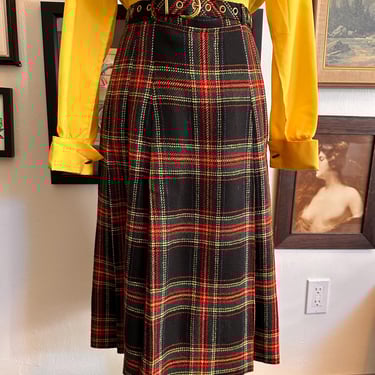 Vintage Virgin Wool Tartan Plaid Midi Skirt Women's XS-S 