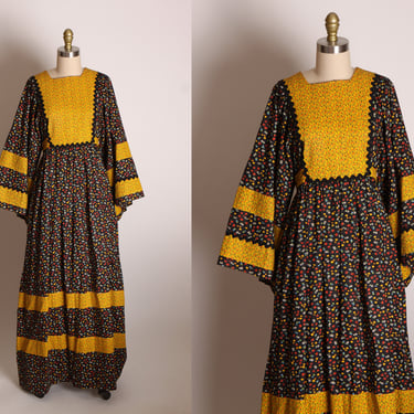 1960s Black and Yellow Gold Long Square Bell Sleeve Full Length Floral Cottagecore Prairie Caftan Dress -L 