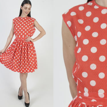 White Polka Dot Dress With Matching Belt, Vintage 70s Sheer Material, Red Plus Size Full Skirt 