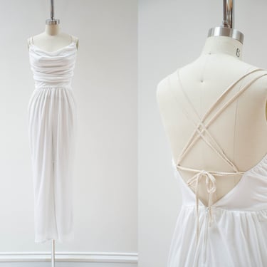 white jumpsuit | 70s 80s vintage sheer white low back criss cross spaghetti strap sexy disco glam jumpsuit 
